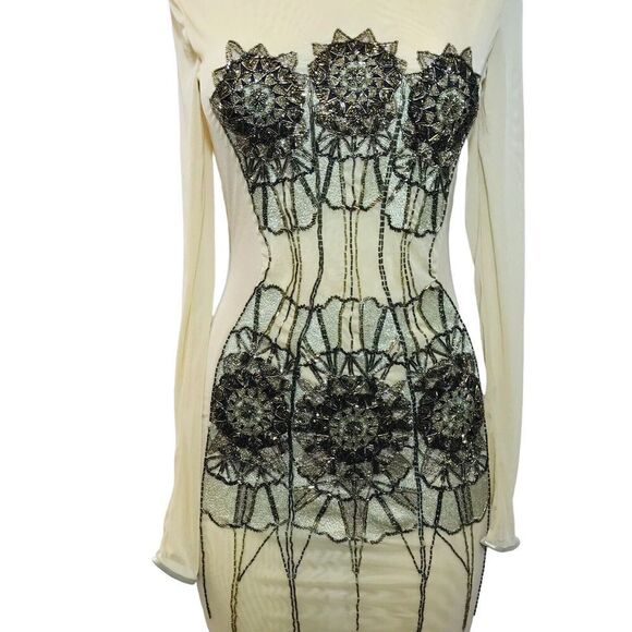 Kora Rae Mesh Beaded Dress Size M Beige Mini Bodycon Long Sleeve Embellished - Picture 4 of 16